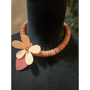 Women's Wooden Beaded Necklace With Flower Accent And Magnetic Lock